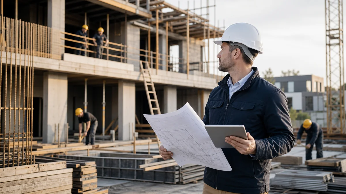 Bauunternehmer prüft Pläne auf einer strukturierten Baustelle