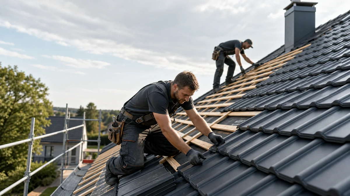 Dachdecker arbeiten professionell an einem gedeckten Dach