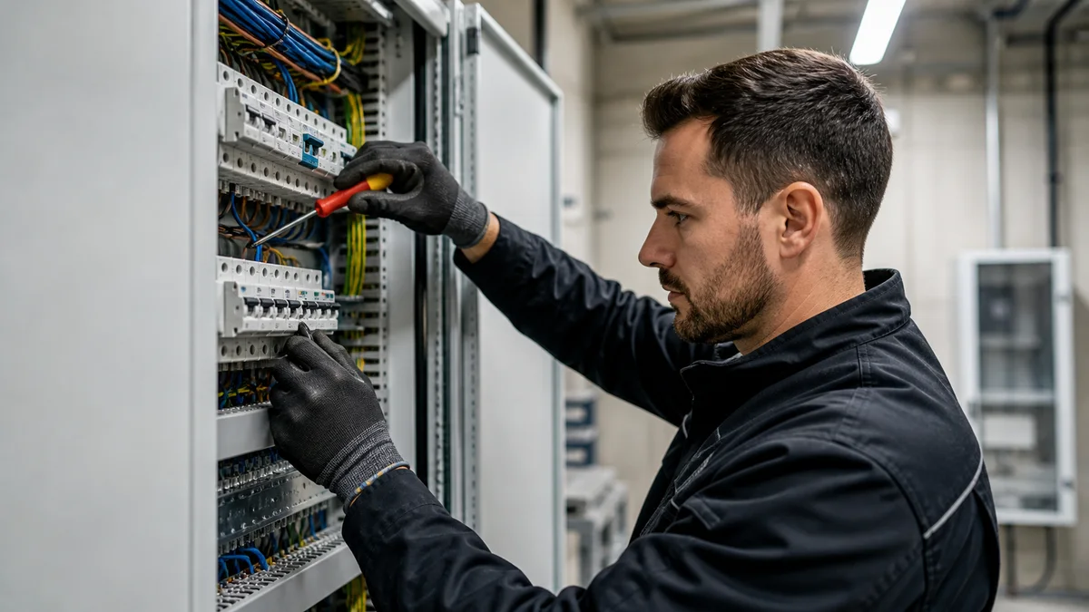 Elektriker arbeitet präzise an einem modernen Schaltschrank