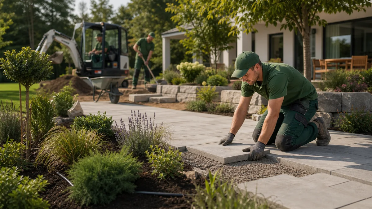 Garten- und Landschaftsbauer gestaltet eine moderne Außenanlage