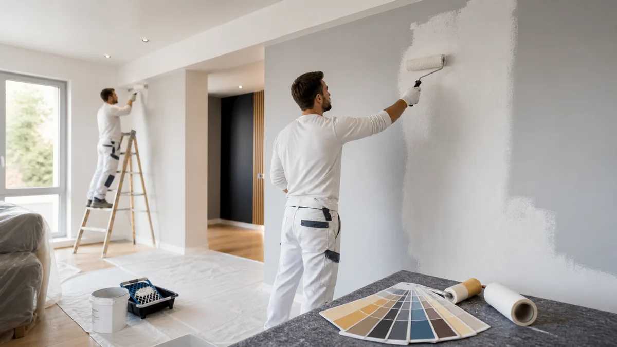 Maler streicht eine helle Wand in einem renovierten Innenraum