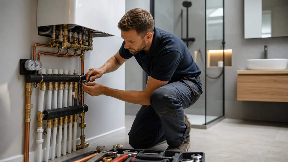 SHK-Techniker arbeitet an moderner Heizungs- und Sanitärinstallation