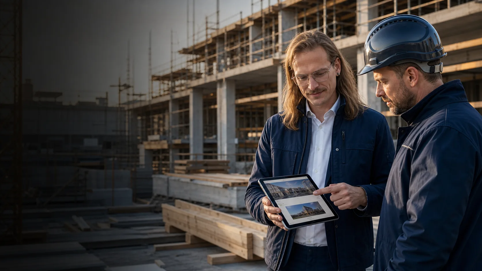 Bauunternehmer und Vorarbeiter prüfen eine Website auf einem Tablet